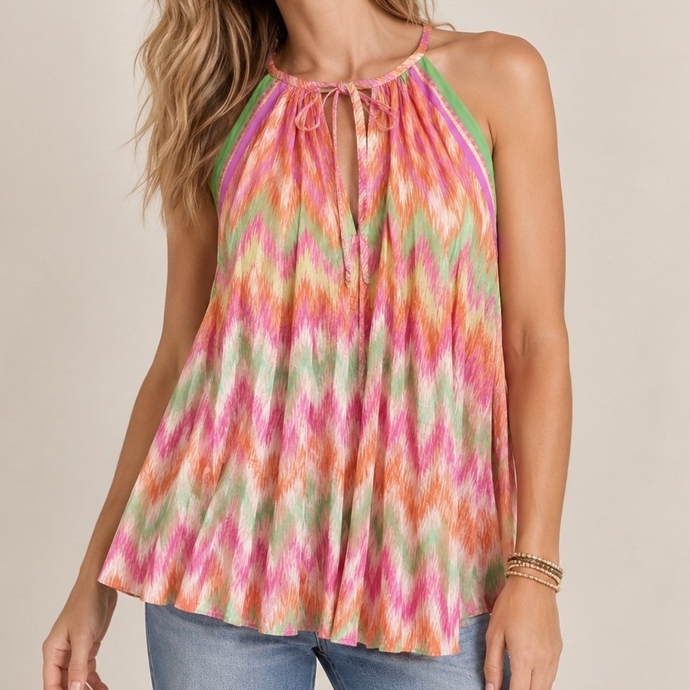 Current Air Anthropologie Womens Pleated Top Chevron Zig Zag Color Flowy NWT L